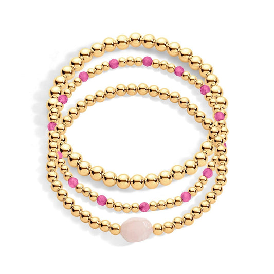 3 gold filled and beaded bracelets with pink gemstones