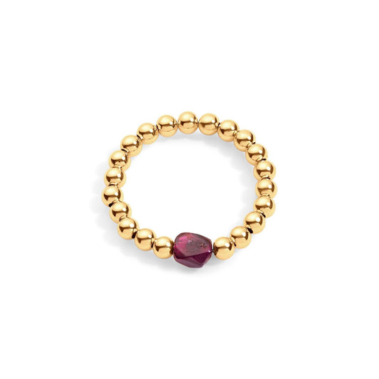 gold filled beaded ring with dark red gemstone